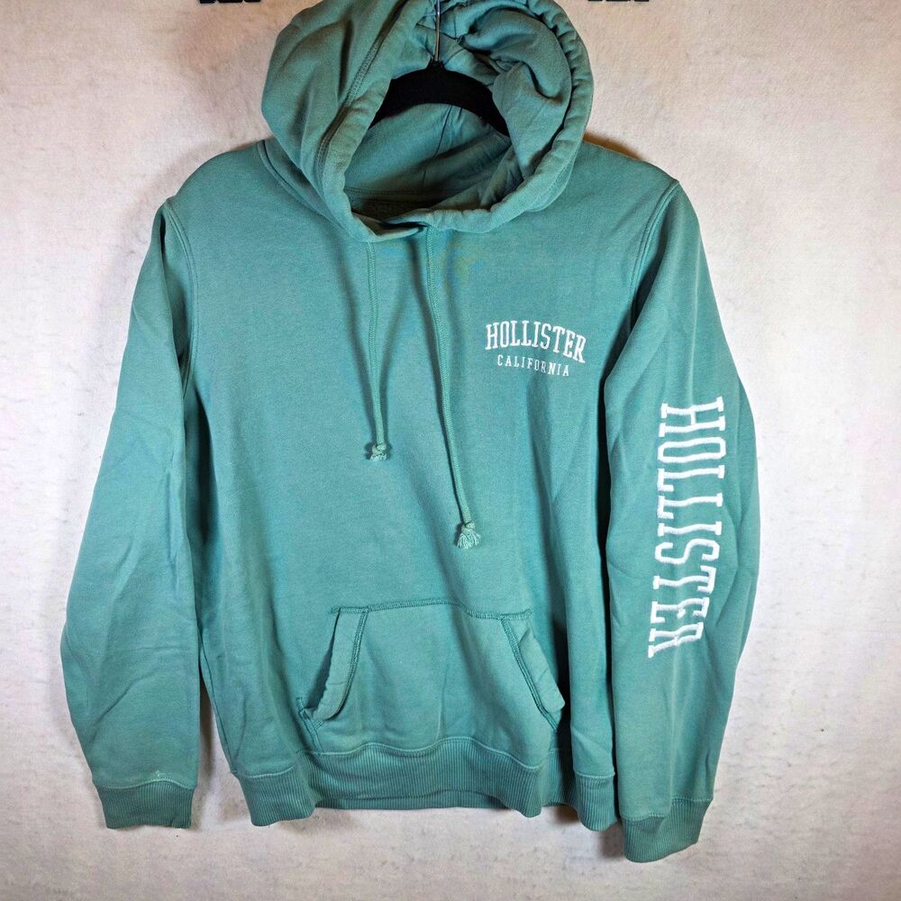 Hollister Men's L Green Fleece Pullover Hoodie Graphic Logo Pockets Drawstring
